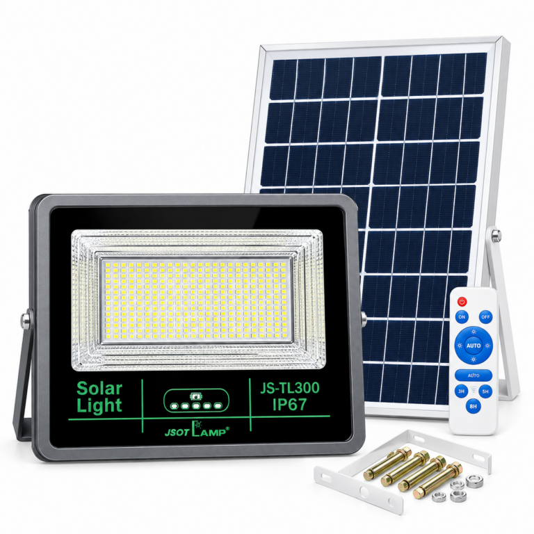 a display of solar flood lights with panel