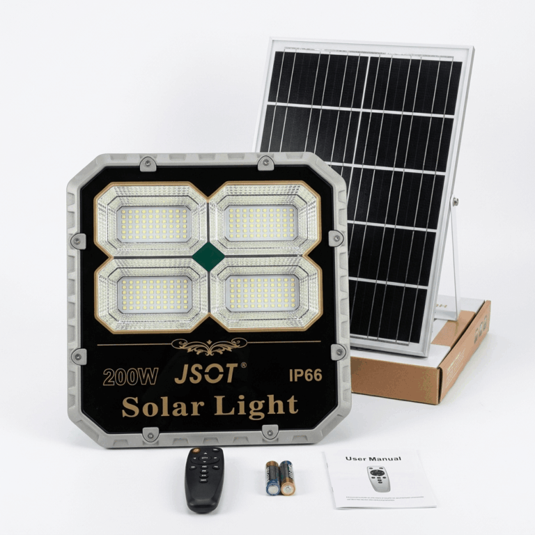 JSOT Heavy-Duty Solar Security Floodlight on display